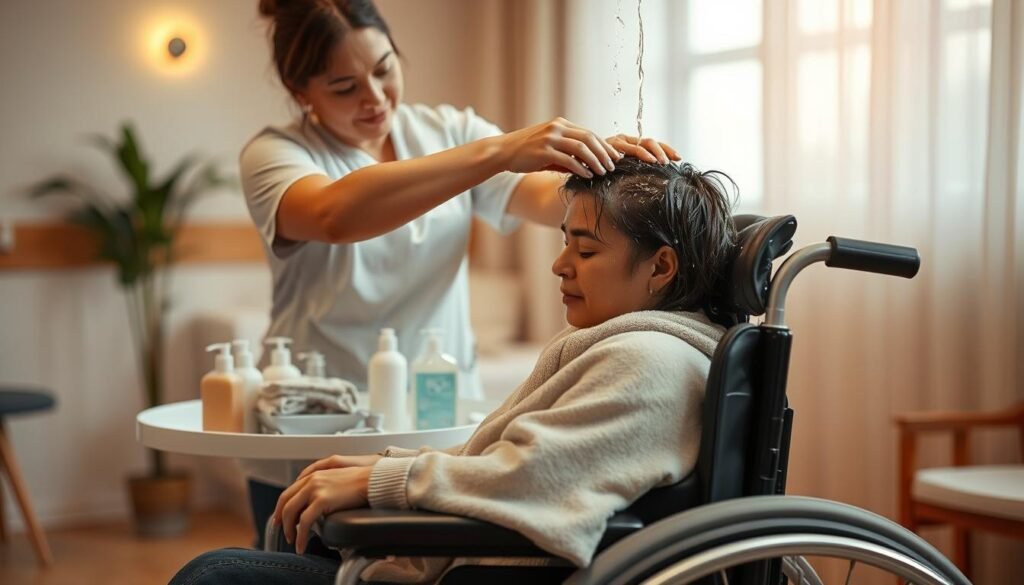 washing hair of someone in a wheelchair