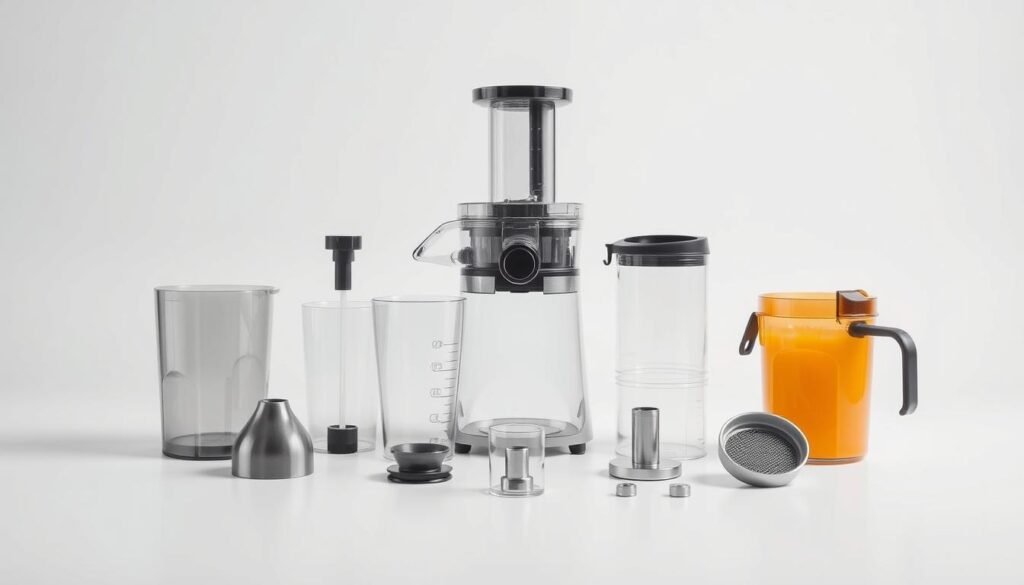 A meticulously detailed shot of the disassembled components of a 450ml portable electric juicer, captured in a crisp, well-lit studio setting. In the foreground, the juicer body, pitcher, and pulp container are arranged in a visually striking, symmetrical composition, showcasing their sleek, modern design. In the middle ground, the interchangeable juicing attachments, such as the stainless steel blade and strainer, are displayed with precision, highlighting the juicer's versatility. The background features a plain, neutral backdrop, allowing the components to be the sole focus of attention. The lighting is soft and even, accentuating the shiny, high-quality materials and the overall premium aesthetic of the 450ml portable electric juicer.