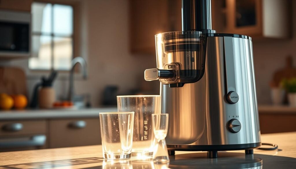 A sleek, modern electric juicer in a well-lit kitchen, casting dynamic shadows on the countertop. The juicer's vibrant chrome finish glistens under warm, focused lighting, showcasing its advanced performance capabilities. Close-up angles highlight the juicer's precision engineering, with visible pulp extraction mechanisms and a stylish control panel. The background is blurred, emphasizing the juicer as the central focus, evoking a sense of efficiency and power. Smooth, professional-grade movement and a polished, high-quality appearance convey the juicer's ability to extract maximum flavor and nutrition from fresh produce.