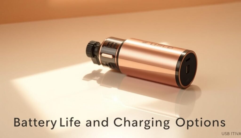 A sleek, portable electric juicer resting on a clean, minimalist surface, bathed in warm, diffused lighting. The device, rendered in polished metal and glossy plastic, features a compact, ergonomic design with clear indications of its USB-rechargeable capability, such as a visible charging port. The juicer's body casts a subtle reflection on the surface, creating a sense of depth and sophistication. The overall composition conveys a modern, high-quality aesthetic that would complement the "Battery Life and Charging Options" section of the article.