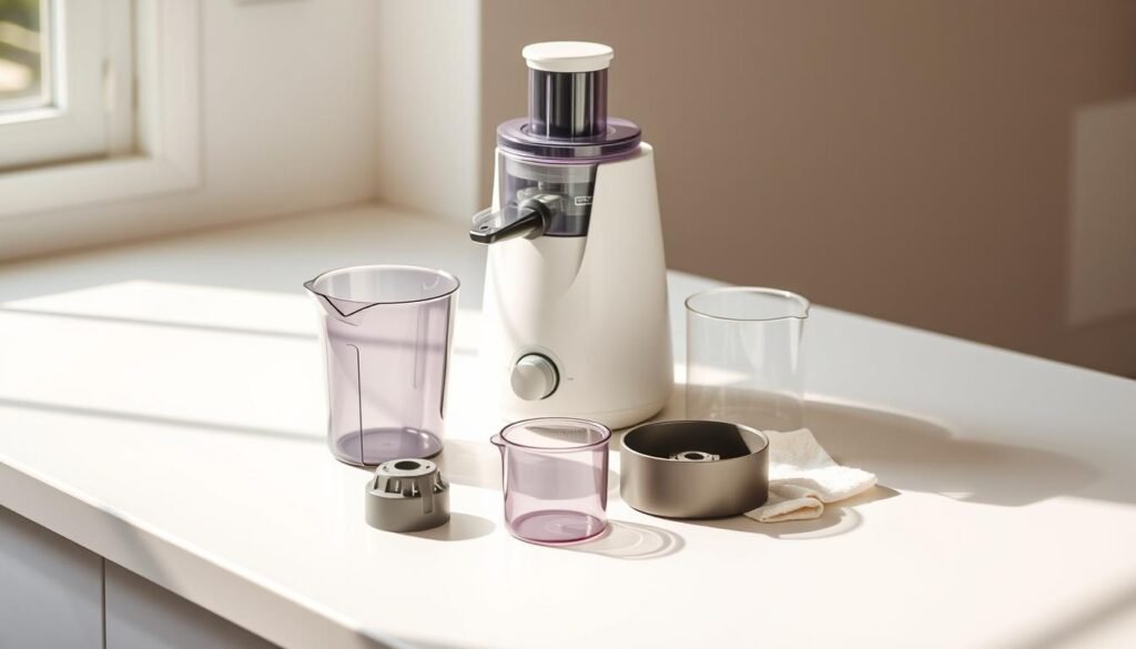 a portable electric juicer, white in color, standing on a clean white countertop. the juicer is being disassembled, with the various parts including the juice pitcher, pulp container, and filter basket laid out neatly in front of it. a soft, natural light illuminates the scene, creating a bright and airy atmosphere. the focus is on the juicer and its parts, showcasing the ease of cleaning and maintenance. the countertop is clear, save for a clean, damp cloth nearby, indicating the straightforward cleaning process. the overall mood is one of simplicity, efficiency, and practicality.